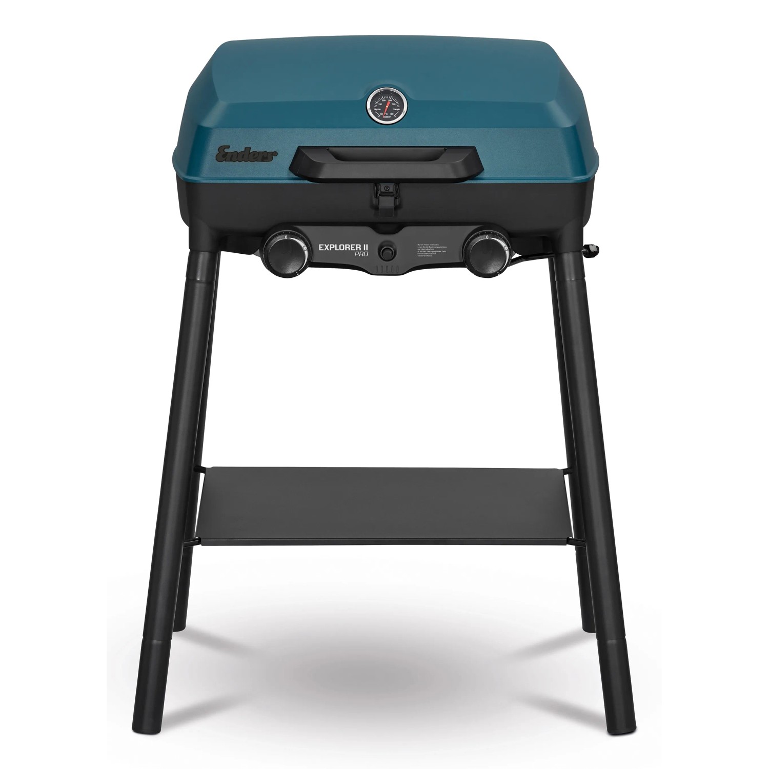 Enders Camping-Gasgrill Explorer II Pro: Kompakter Gasgrill mit blauem Deckel und schwarzen Beinen.
