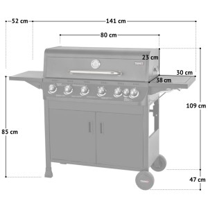 TAINO BRANDO 6+1 Gasgrill mit 6 Brennern, Seitenkocher und Grillwagen. BBQ-Griller für Garten und Terrasse.