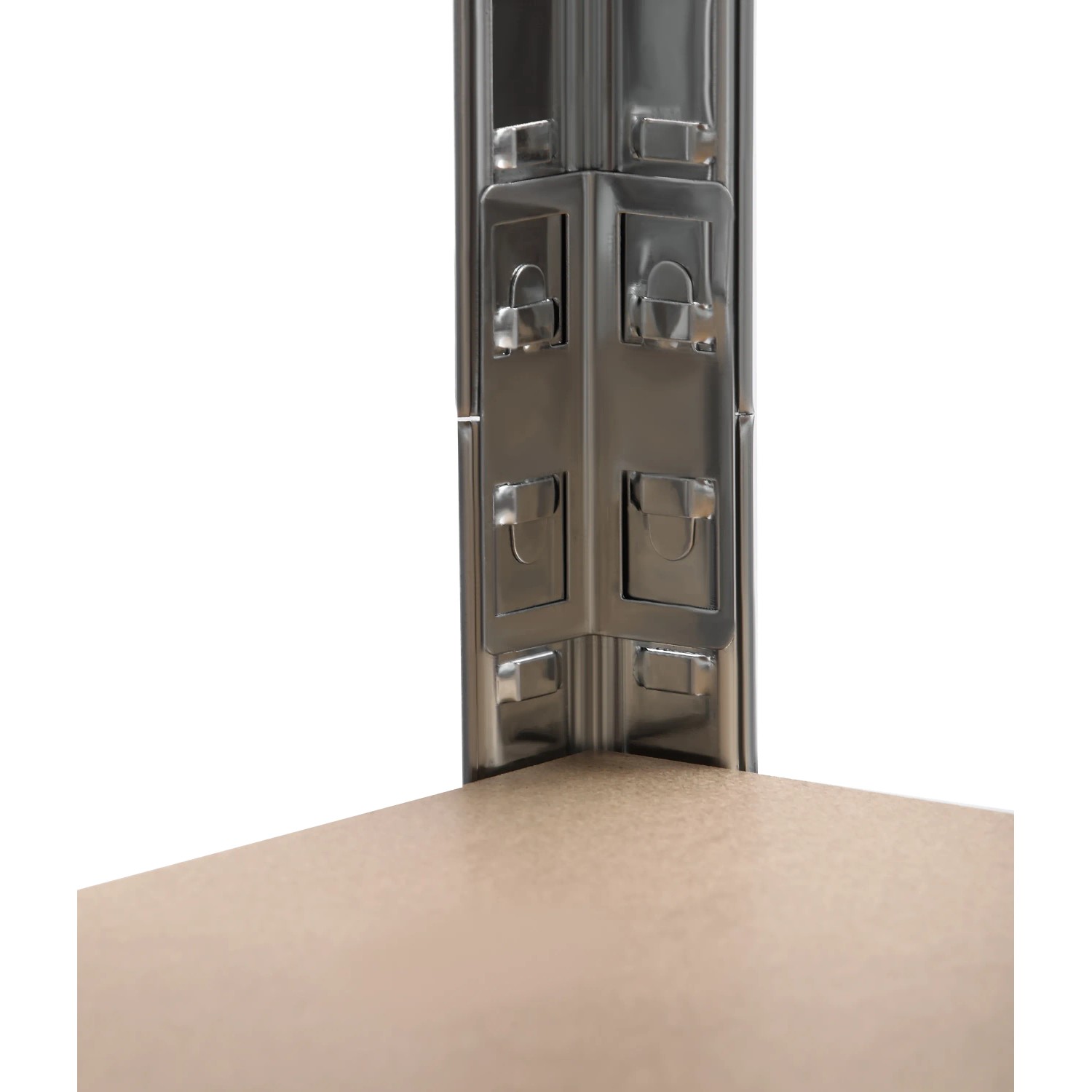 Detailaufnahme: Verzinktes Schwerlastregal mit Stecksystem von Schulte, Regal Boden und Metalleckverbinder.