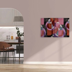 Abstraktes Wandbild im Mid-Century-Stil mit Menschen, Color Blocking in Pink und Rot, 90x60 cm.