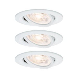 Drei weiße, matte Paulmann Nova LED-Einbaustrahler GU10 mit warmweißem, schwenkbarem Licht für flache Decken.