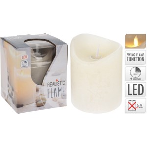 LED Kerze, 10 cm, Elfenbein mit Schwingflamme und Timer, neben Verpackung.