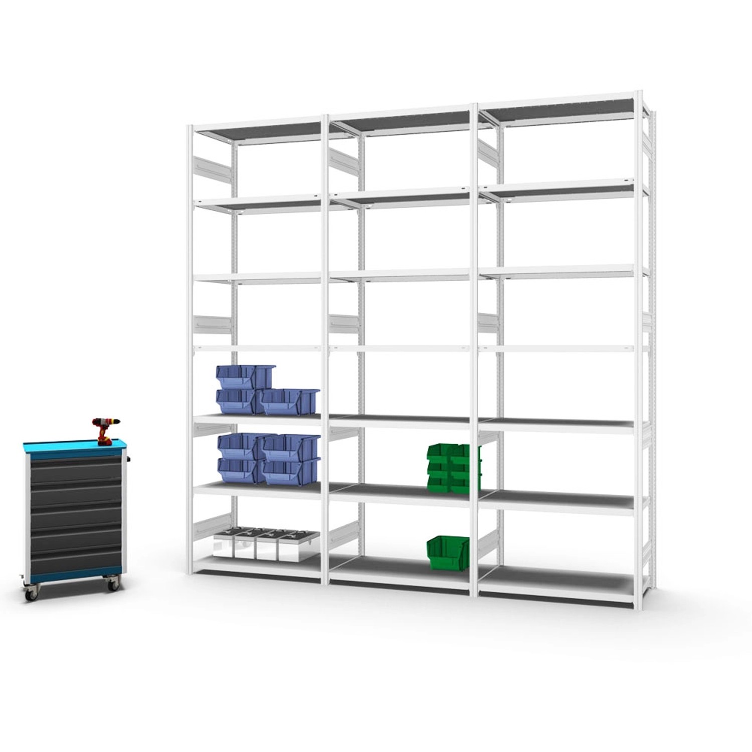 PROREGAL Fachbodenregal Stecksystem, lichtgrau, mit 7 Ebenen und beidseitiger Nutzung. Ideal für Lager und Werkstatt.