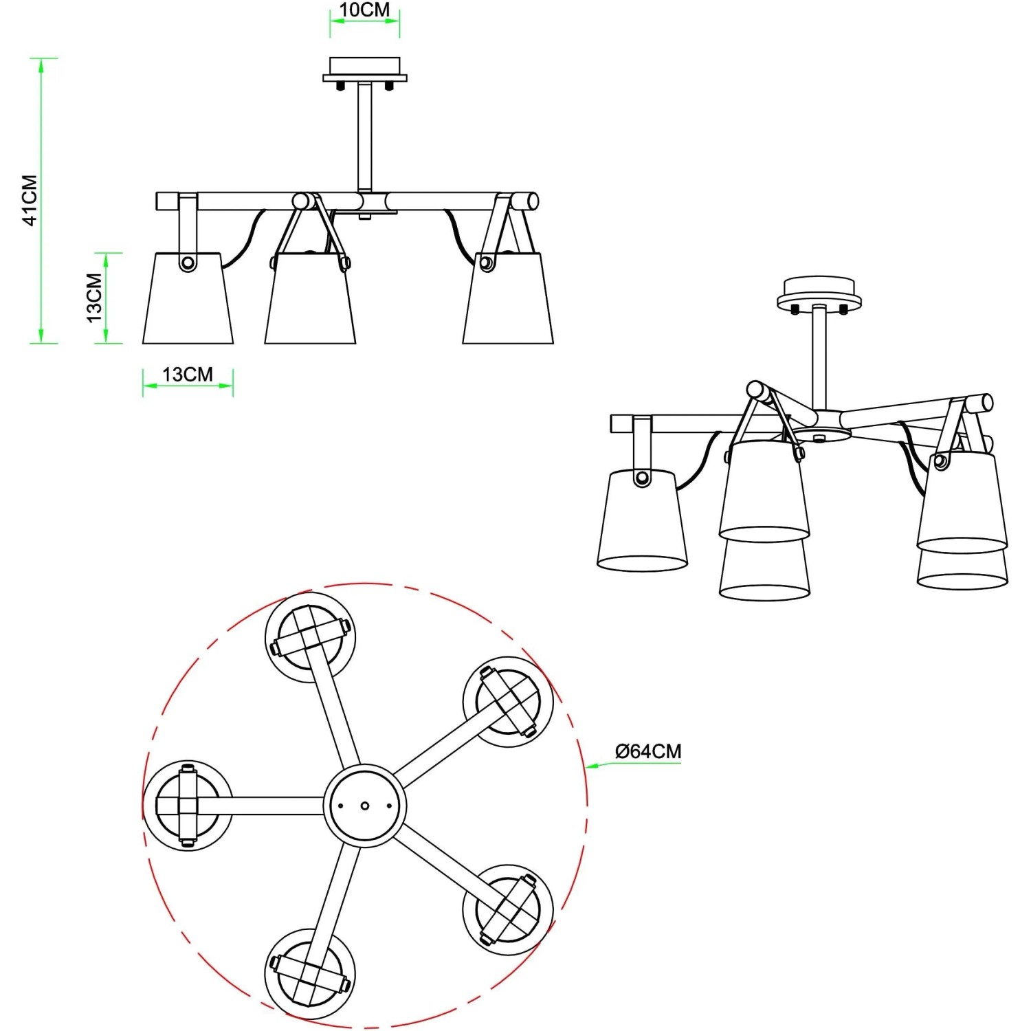 Technische Zeichnung: ARTE LAMP Deckenleuchte, Kronleuchter Design mit Maßen für Wohnzimmer und Schlafzimmer.