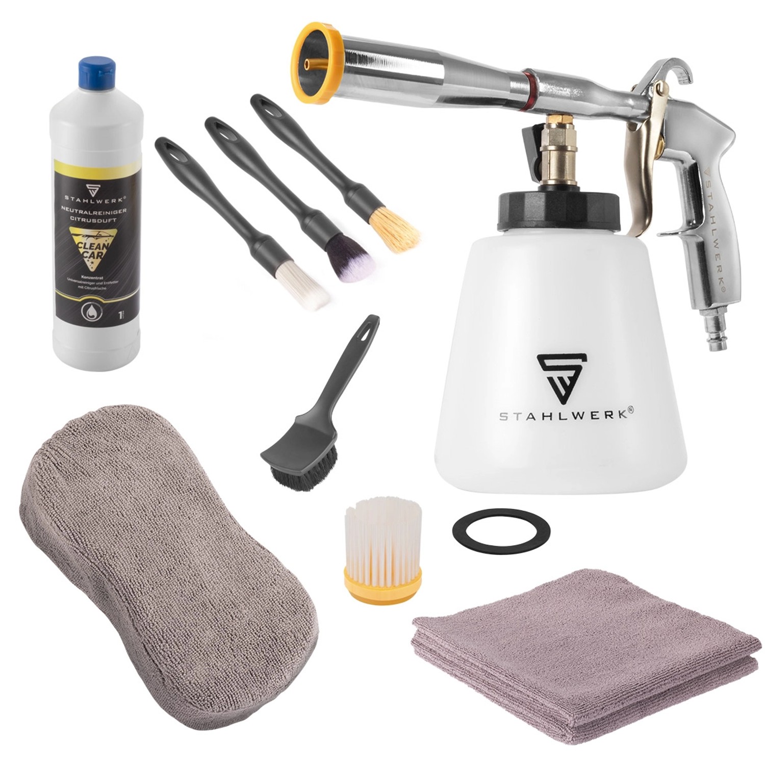 STAHLWERK Druckluft-Reinigungspistole RP-92 ST Set mit Reiniger, Bürsten, Schwamm und Mikrofasertüchern.
