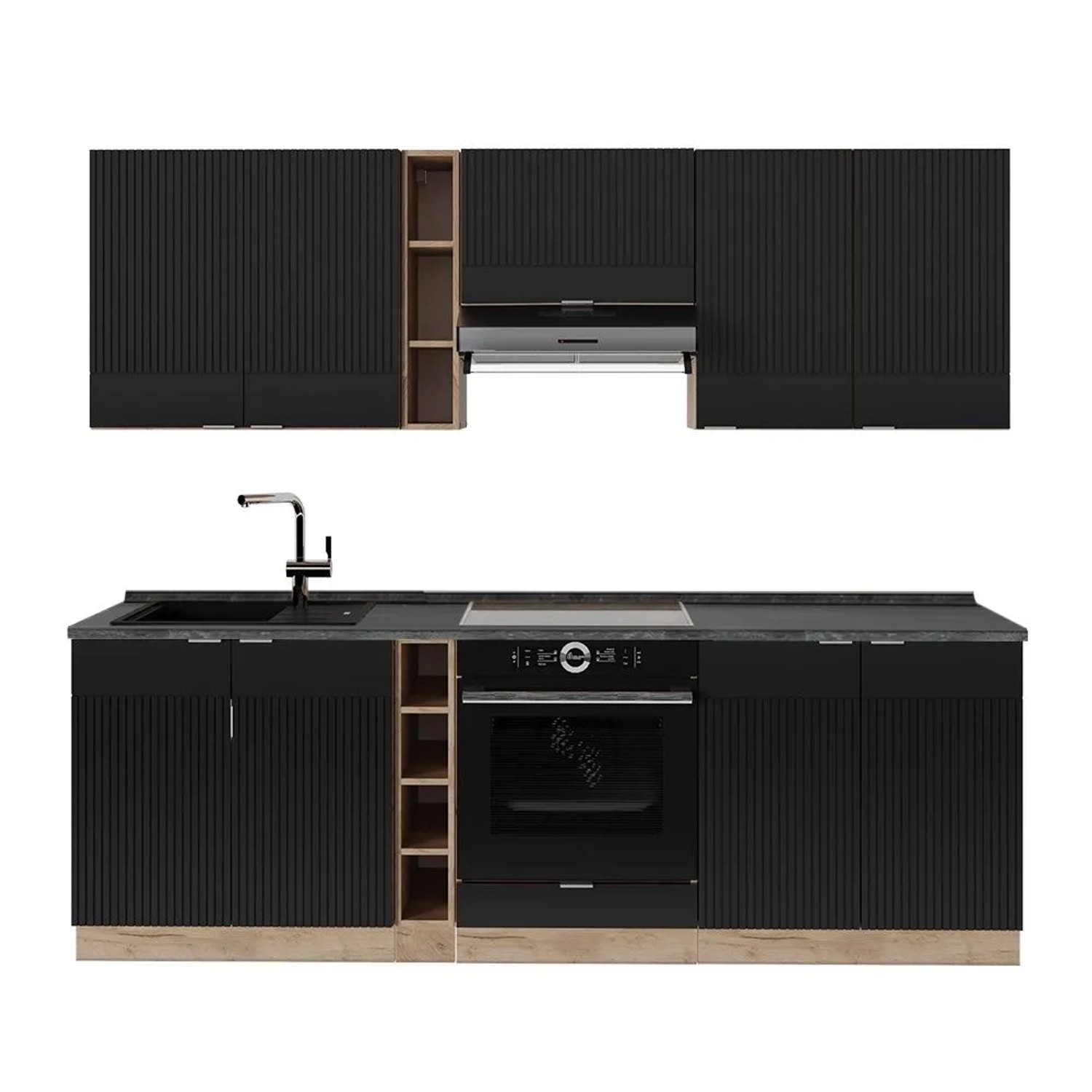 Vicco Fame-Line Küchenzeile Schwarz Gestreift Goldkraft Eiche 235 cm AP Anthrazit ohne E-Geräte
