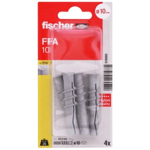 Vier graue Fischer Porenbetondübel FFA 10 K aus Nylon in Blisterpackung, 10 mm, für sichere Befestigung.