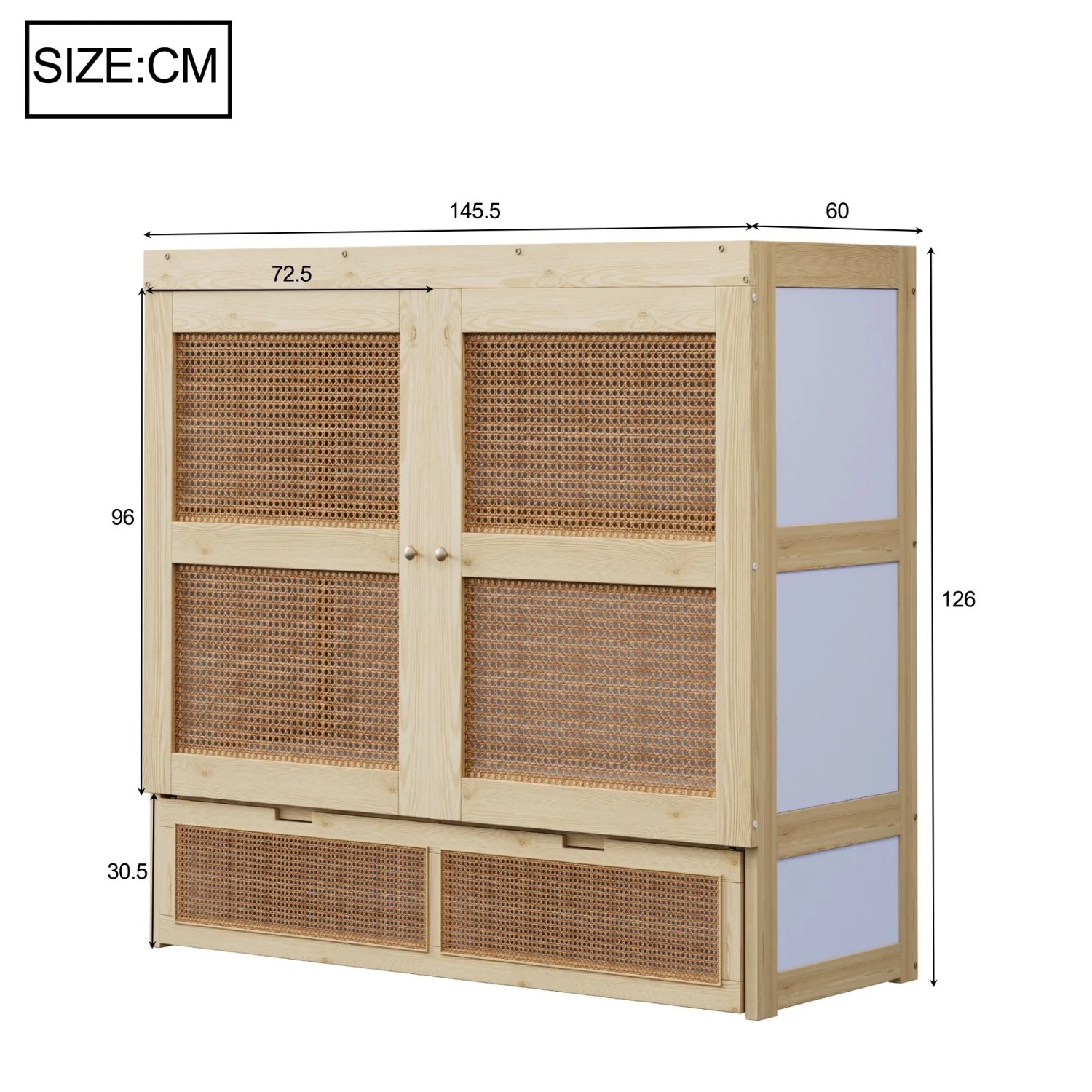 Merax Schrankbett 140x200cm in Holzfarbe mit Rattan-Türen und Schubladen. Modernes Wandbett mit Stauraum.