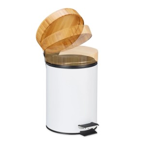 Relaxdays Mülleimer Stahl Bambus Weiß mit Trittpedal Absenkautomatik 24,5 cm x 17 cm x 23 cm 650 g