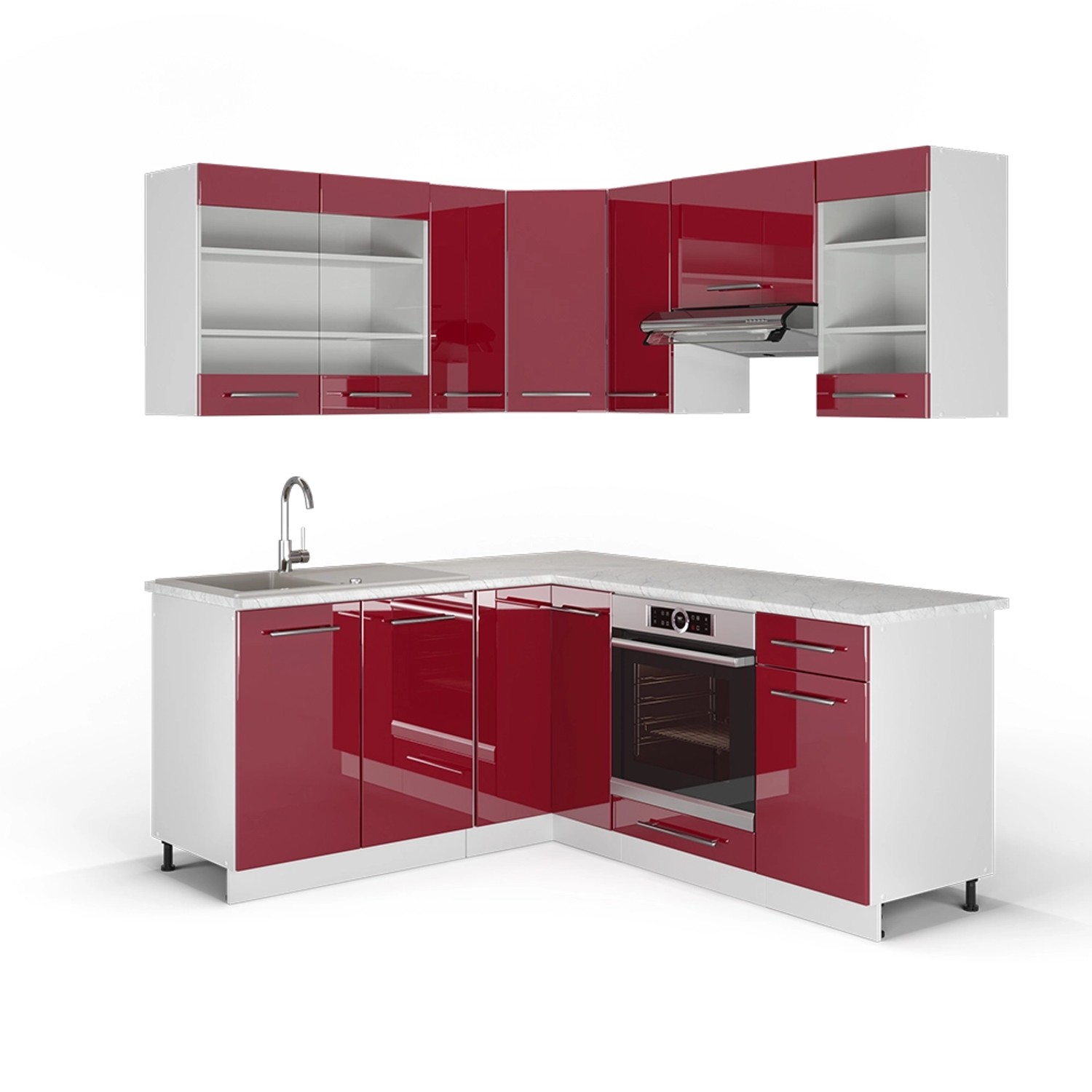 Vicco Fame-Line Eckküche Bordeaux Hochglanz/Weiß 160 x 190 cm AP Marmor günstig online kaufen