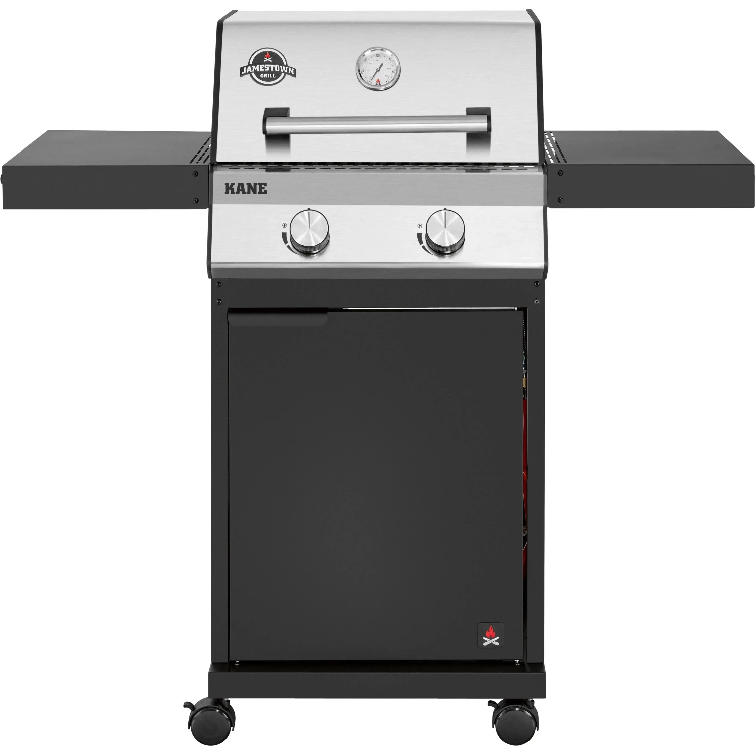 Jamestown Gasgrill Kane mit 2 Brennern und modularem Grillrostsystem, Edelstahl und Schwarz.