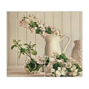 Banjado 2-teilige Herdabdeckplatte aus Glas mit Kirschblüten-Stillleben, je 30x52 cm.
