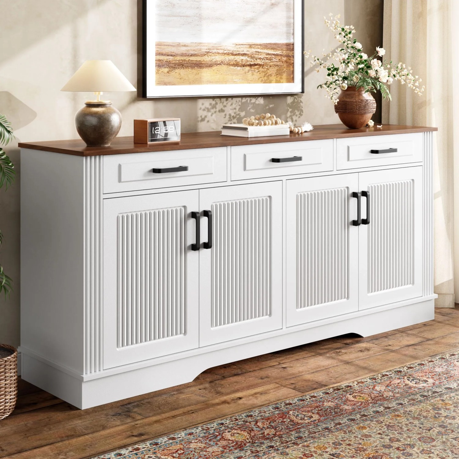 Weißes Merax Sideboard mit 3D-Streifen, 4 Türen, 3 Schubladen und Holzplatte. Moderner Wohnzimmerschrank aus MDF.