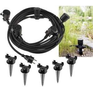 ChiliTec Gartensteckdose IP44 mit 5 schwarzen Einzelsteckdosen, 15m Kabel und Erdspießen für den Außenbereich.