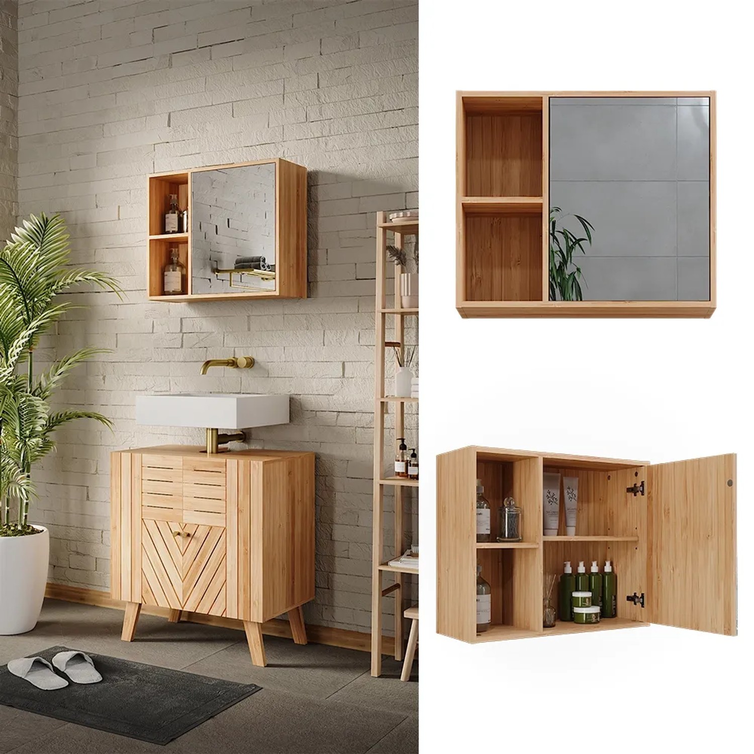 Vicco Badspiegelschrank Lucie Bambus, 54x45cm, mit Spiegeltür und offenen Fächern.