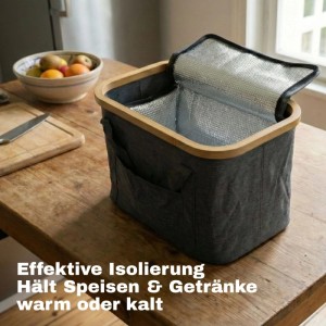 Graue BigDean Picknicktasche mit Bambusdeckel und herausnehmbarer Kühltasche.