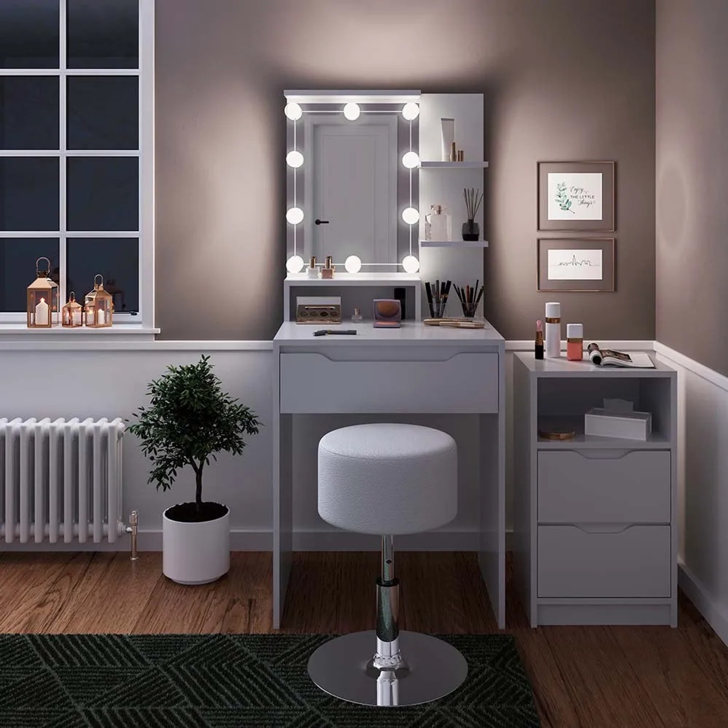 Weißer Vicco Schminktisch Ruben mit LED, Hocker und Schubladenschrank. Ideal für stilvolles Schminken.