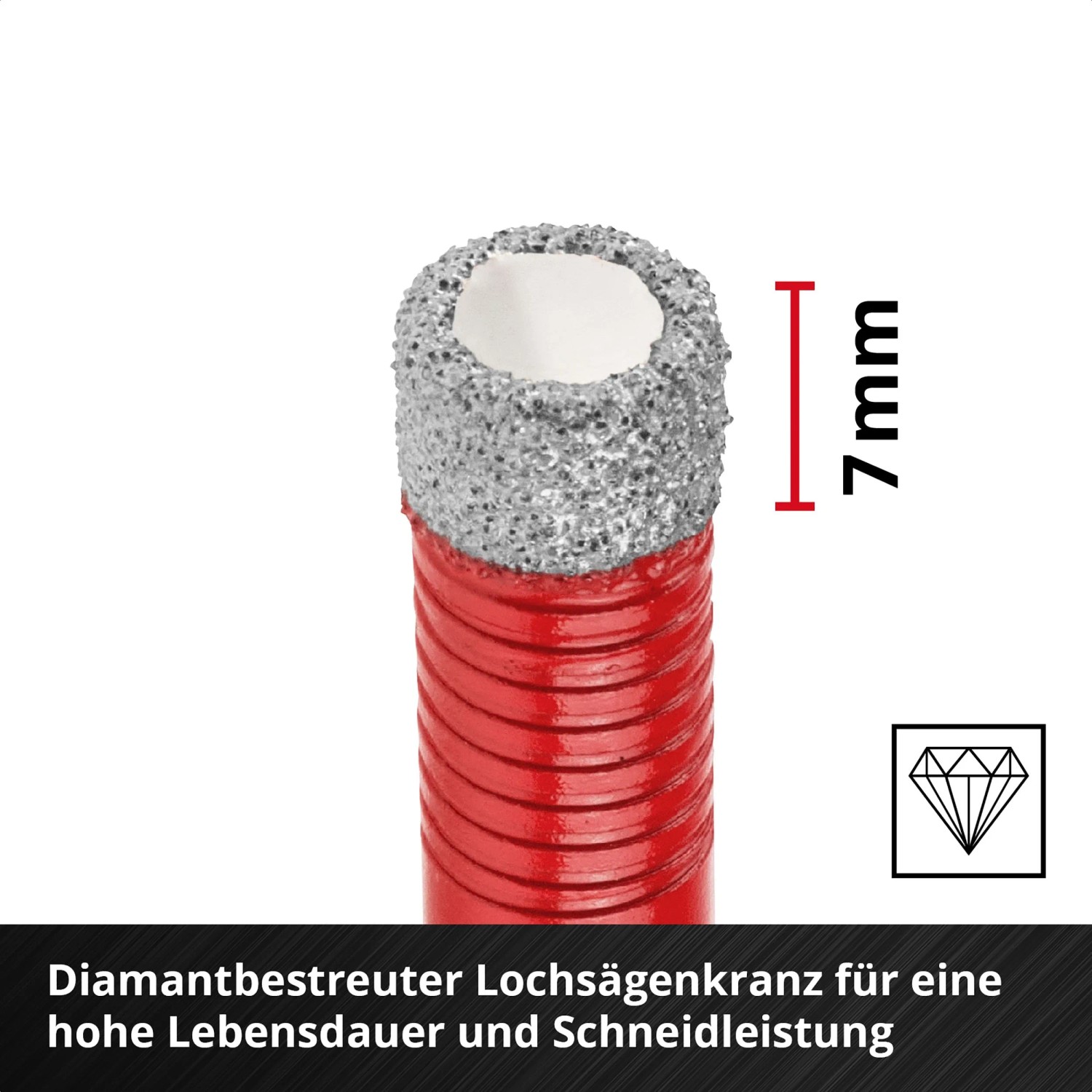 Einhell Diamant-Fliesenbohrer, Detailaufnahme des diamantbestreuten Bohrkopfs.