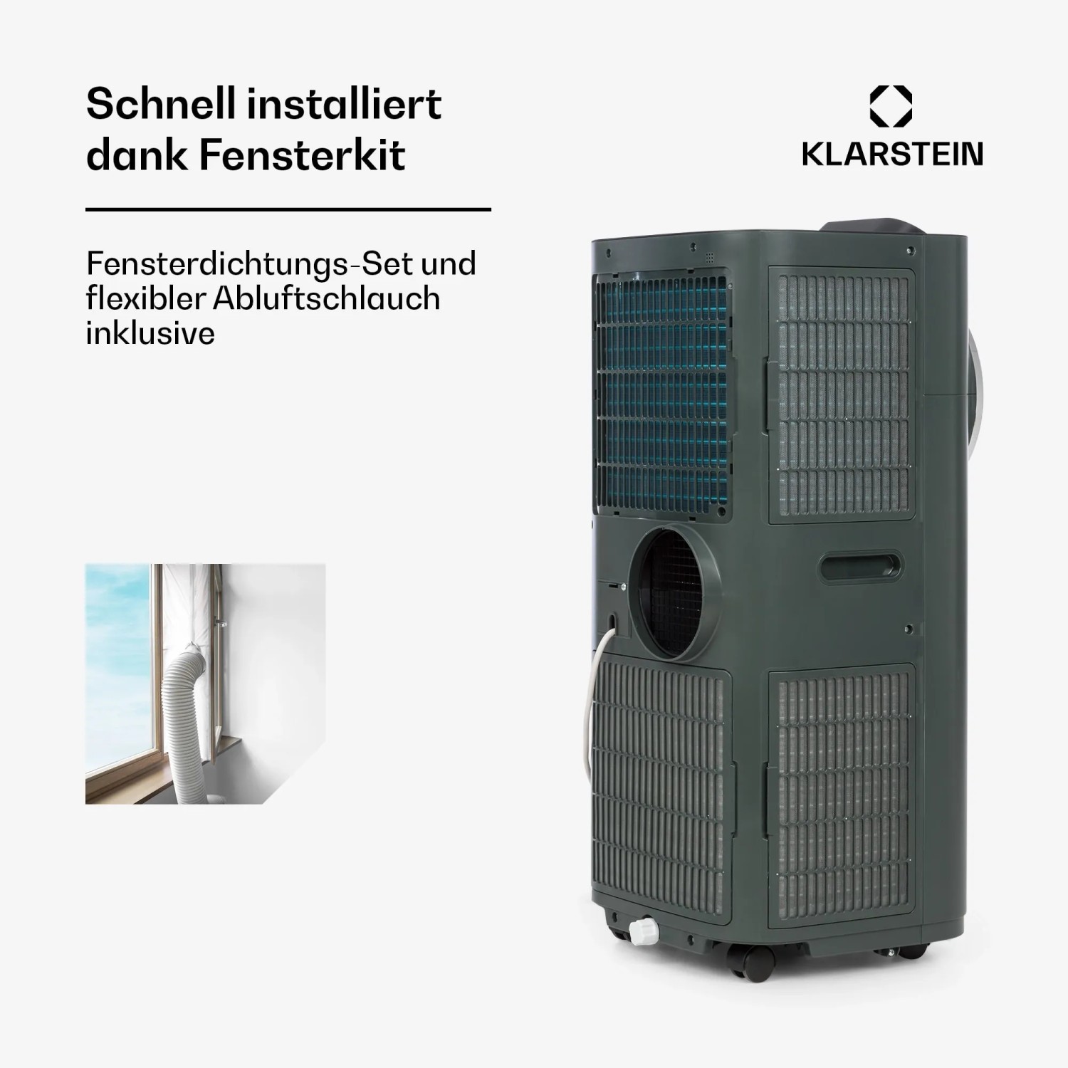 Klarstein Kraftwerk Smart 12K Klimaanlage in Anthrazit mit Fensterkit und Abluftschlauch.
