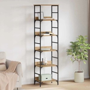 Modernes Bücherregal Artisan-Eiche mit 5 Holzwerkstoff-Regalen und schwarzem Metallrahmen für Wohnzimmer.