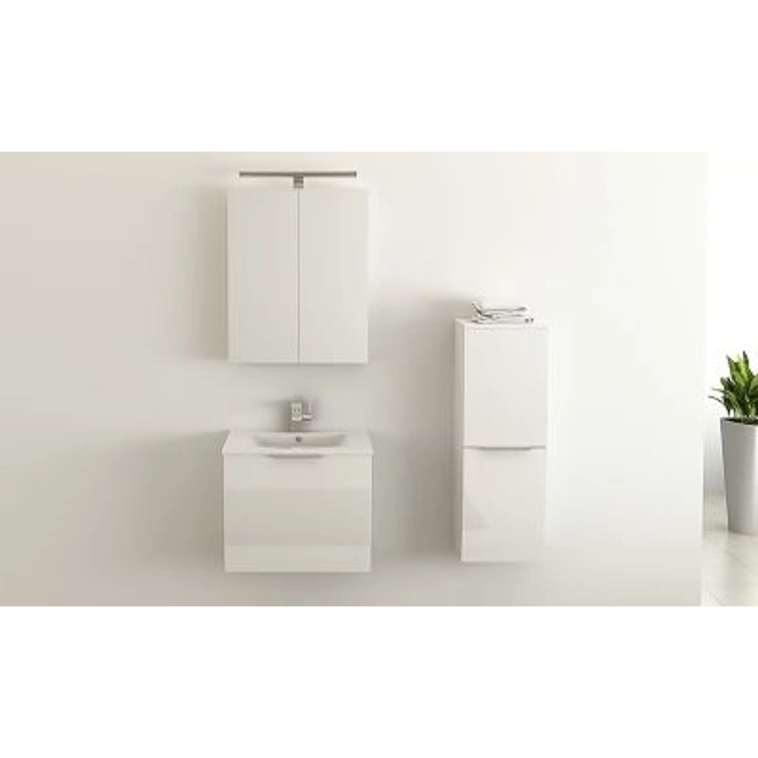 Jet-Line Badset Rorschach, hochglanz weiß, mit Waschbecken, Unterschrank, Hochschrank und Spiegelschrank.