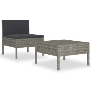 Graues 2-tlg. Garten Lounge Set aus Rattan mit anthrazitfarbenen Auflagen, bestehend aus Sessel und Tisch.