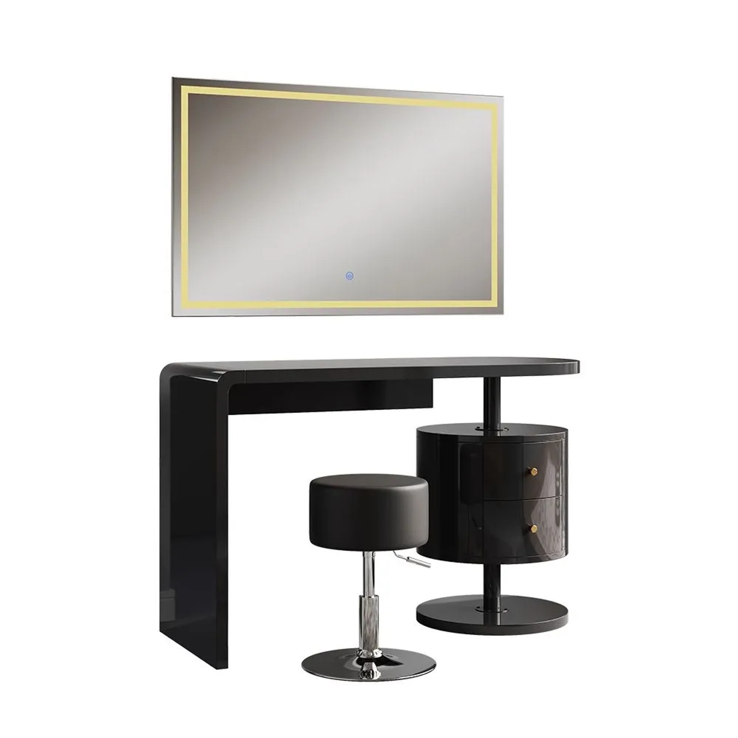 Vicco Schminktisch Lara Schwarz Hochglanz 120 x 147 mit LED-Spiegel und Hocker