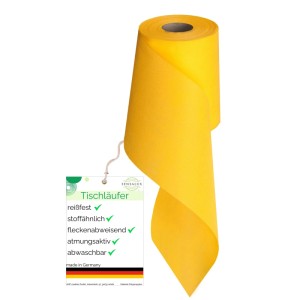 Gelber Sensalux Vlies-Tischläufer (15cm x 25m) auf Rolle. Stoffähnliche Optik.