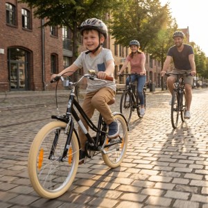 Schwarzes PROMETHEUS Kinderfahrrad 20 Zoll mit Familie auf Kopfsteinpflaster.