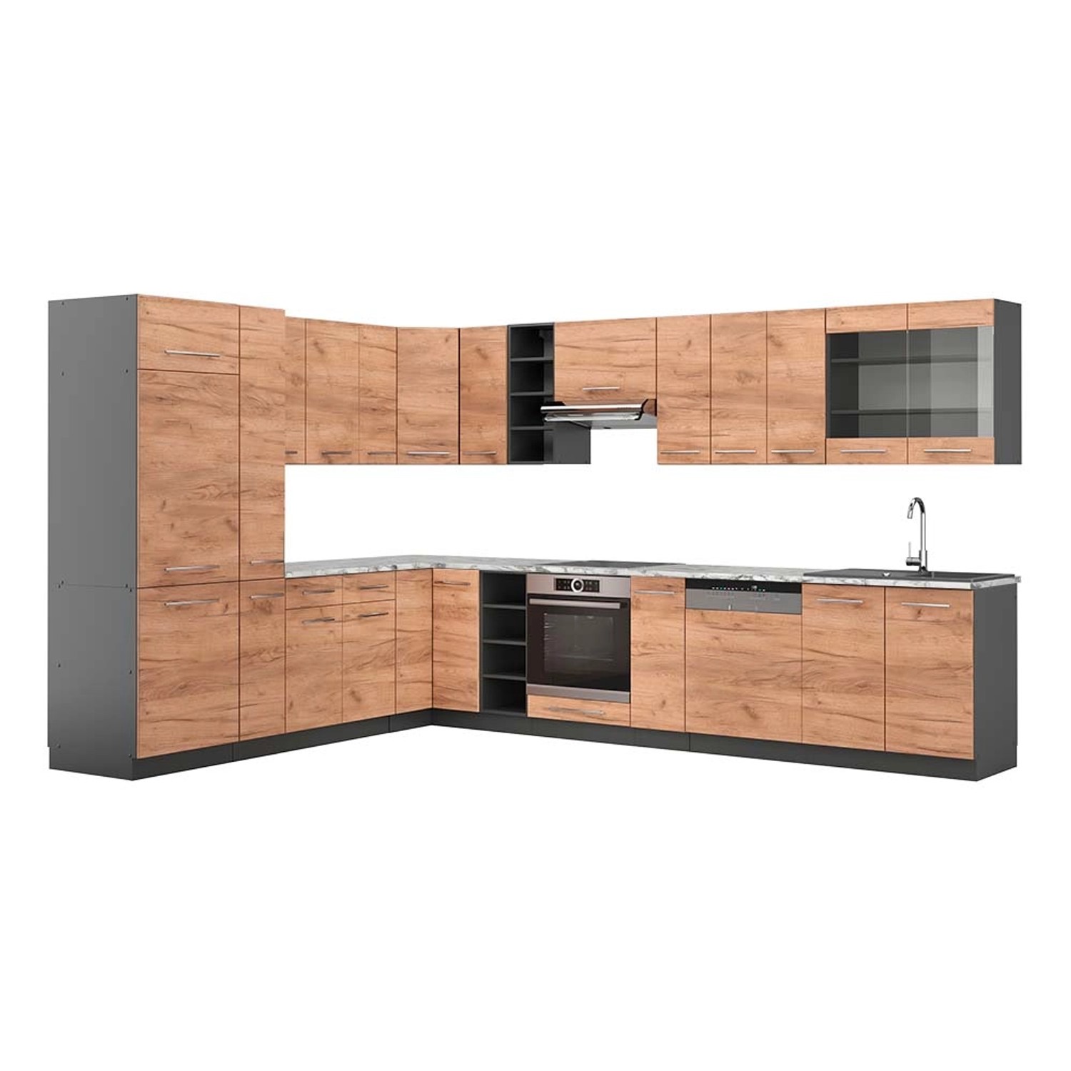 Vicco Fame-Line Eckküche Goldkraft Eiche/Anthrazit 347 x 257 cm AP Marmor günstig online kaufen