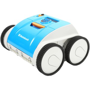Steinbach Poolrunner Battery Pro Poolroboter in Blau und Weiß mit vier Rädern.