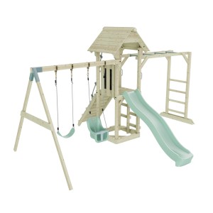 OutdoorToys Spielturm Örebro mit Babyschaukel in Mintgrün, mit Rutsche, Klettergerüst und Schaukel.