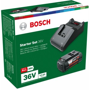 Bosch Akku-Starterkit 36V/4Ah: Akku und Ladegerät für Gartengeräte.