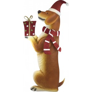 Deko-Weihnachtshund aus Metall mit Mütze und Geschenk, 66 cm hoch, für die Gartendekoration.