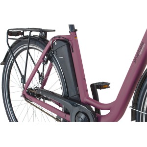 Detailaufnahme: Prophete City E-Bike Geniesser 1.9 Damen Purple, 28 Zoll. Fokus auf Rahmen, Akku und Gepäckträger.