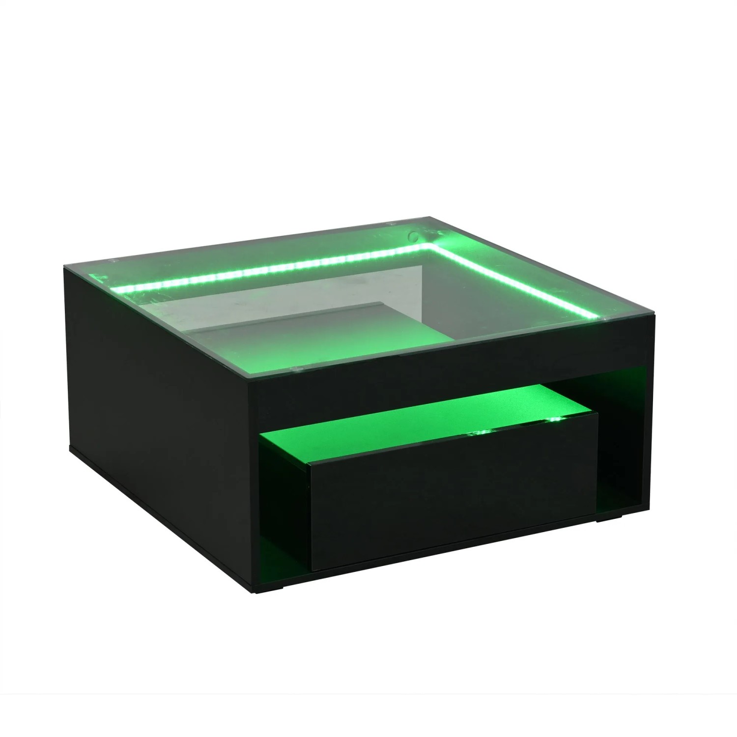 okwish Couchtisch mit LED Schubladen Glas Design 70x70x35cm Hochglanz Schwarz