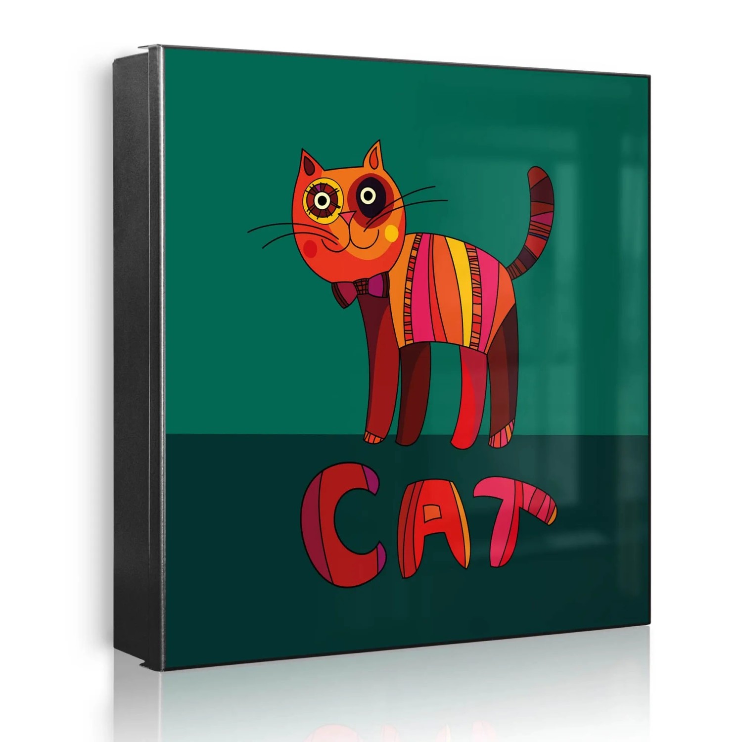 Banjado Großer Schlüsselkasten Metall 30x30cm Schwarz Scharnier Rechts 32 Haken Beschreibbar Magnetisch Motiv Orange Katze