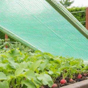 Grüne Windhager Gitterfolie Strong schützt Gemüsebeet im Garten.