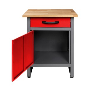 Werkstattschrank mit Buchenholzplatte, Schublade und roter Tür des Ondis24 Werkstatt Sets.