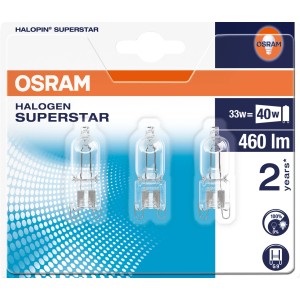 Osram Hochvolt-Halogenlampe G9 35W, 3er Set. Warmweißes Licht, 460 Lumen. Kompakte Bauform.