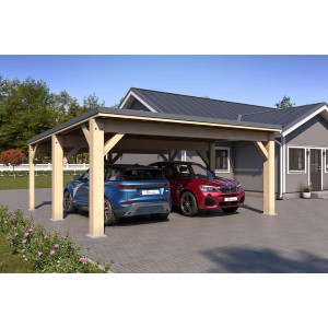 Holzbrüder Carport Ralf 36, dunkelgraues Dach, zwei Autos darunter. Robuster Unterstand für PKW.