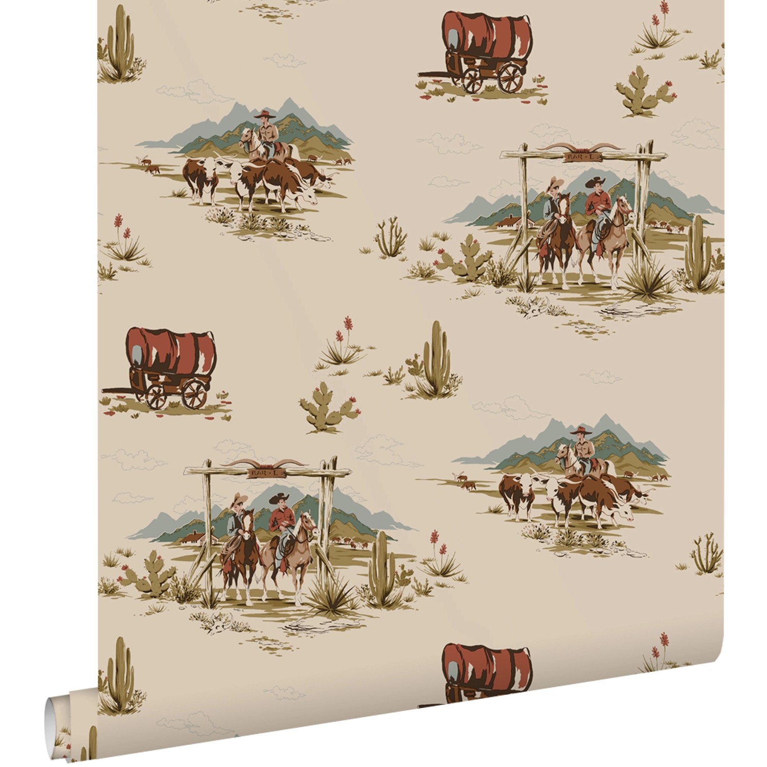 ESTAhome Tapete Cowboys Beigebraun Blau und Grün 50 x 900 cm günstig online kaufen