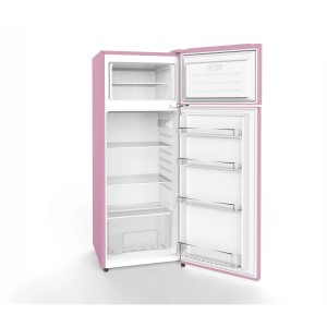 Offene PKM Kühl-Gefrierkombination GK210-2 SP Pink mit Innenansicht.