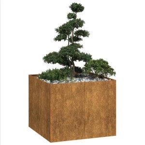 Großer quadratischer Pflanzkübel aus wetterfestem Stahl in Rostoptik, 100x100x80 cm, bepflanzt. Ideal für Garten.