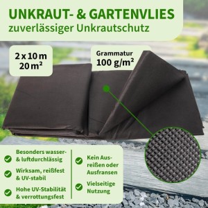 TTL GARDEN Unkrautvlies 100g/m² 2x10m 20m² Schwarz Gartenvlies Mulchvlies UV-stabil für Beet Wege & Terrasse