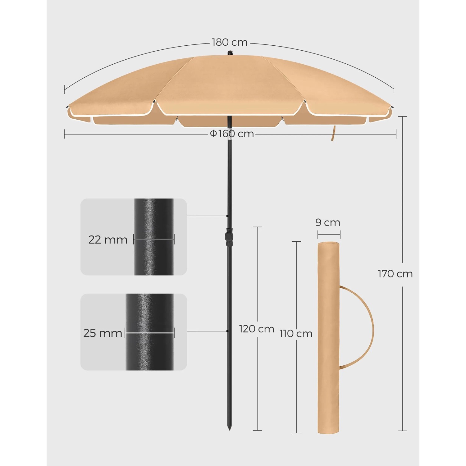 Songmics Sonnenschirm, taupe, Ø 160cm, höhenverstellbar, mit Tragetasche und Maßangaben.
