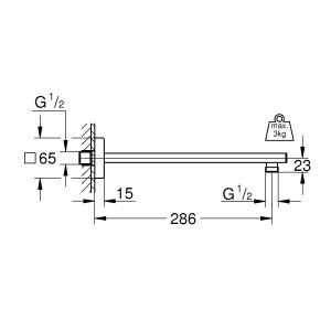 Technische Zeichnung: Grohe Rainshower Brausearm, eckig, 286 mm, Chrom, Maße und Details.