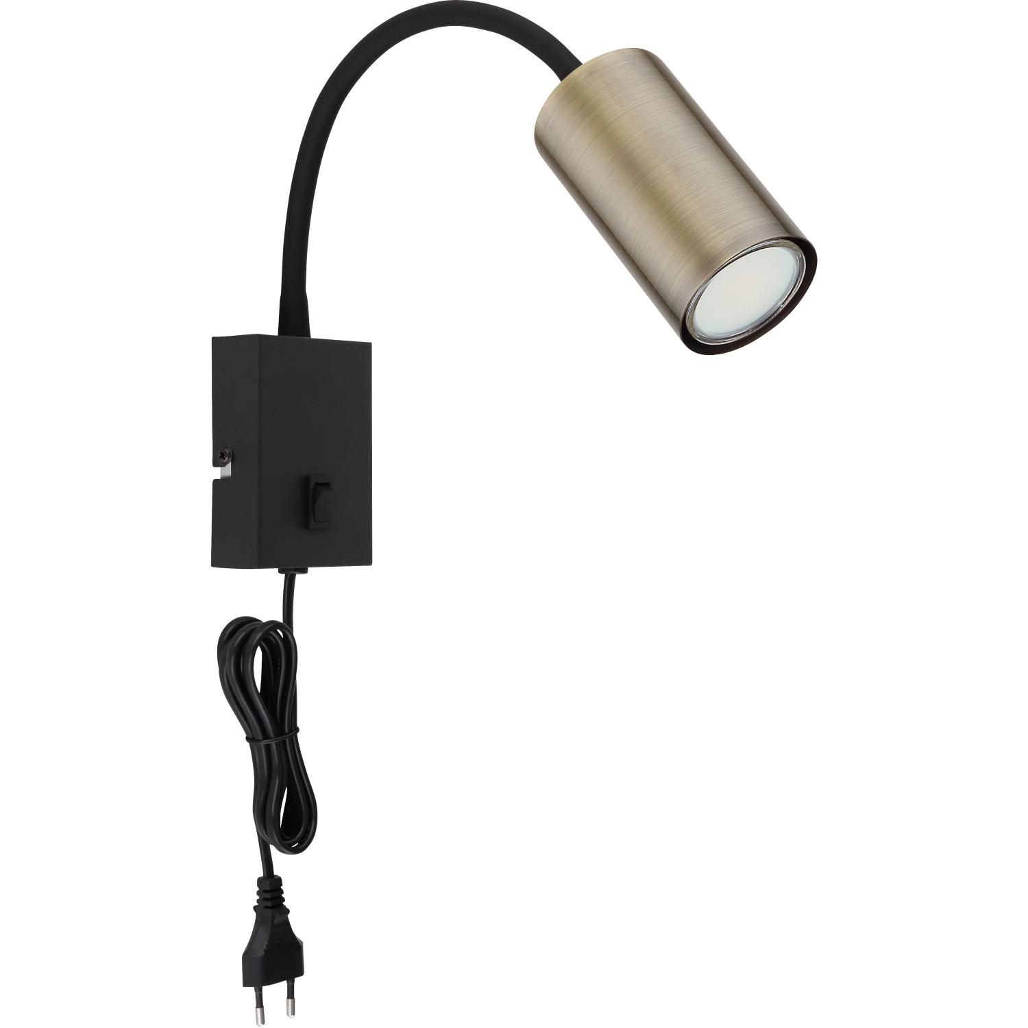 Schwenkbare Globo Wandlampe Robby, schwarz matt und altmessingfarben, mit Schalter.