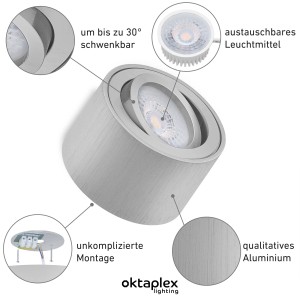 Oktaplex Aufbauspot Lile, 9er Set, schwenkbar, inkl. LED-Module, neutralweiß, Aluminium gebürstet.