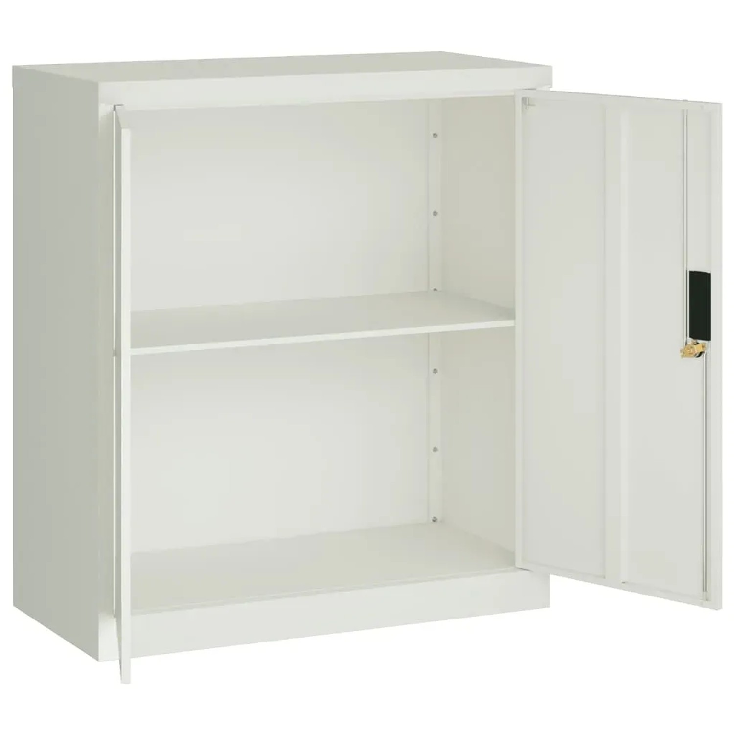 Hellgrauer vidaXL Aktenschrank aus Stahl, 79x40x90 cm, mit offenen Türen und einem Regal.